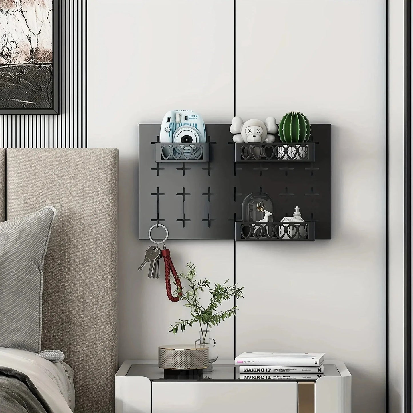 Gold Key Hook With 3 Adjustable Baskets And 3 Hooks For Wall Storage
