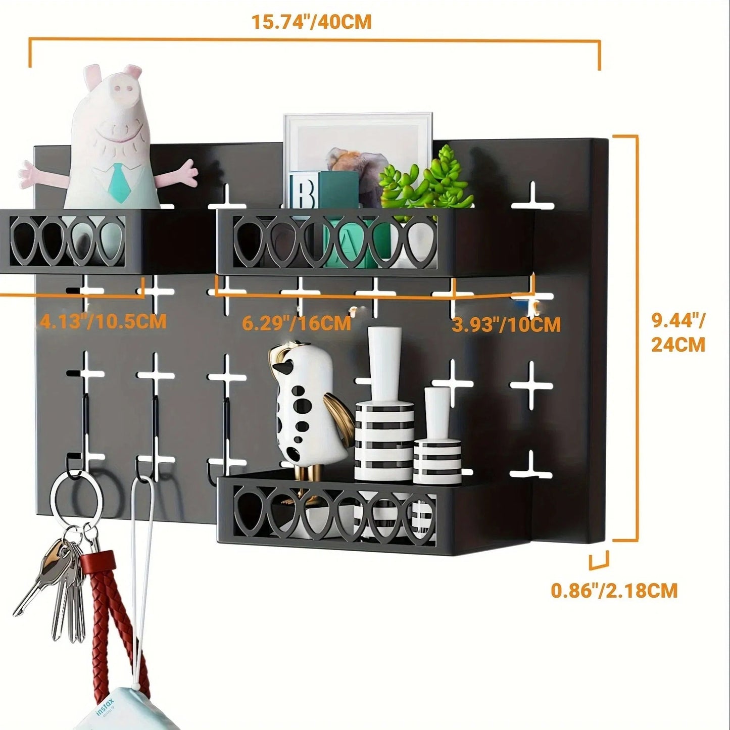 Gold Key Hook With 3 Adjustable Baskets And 3 Hooks For Wall Storage