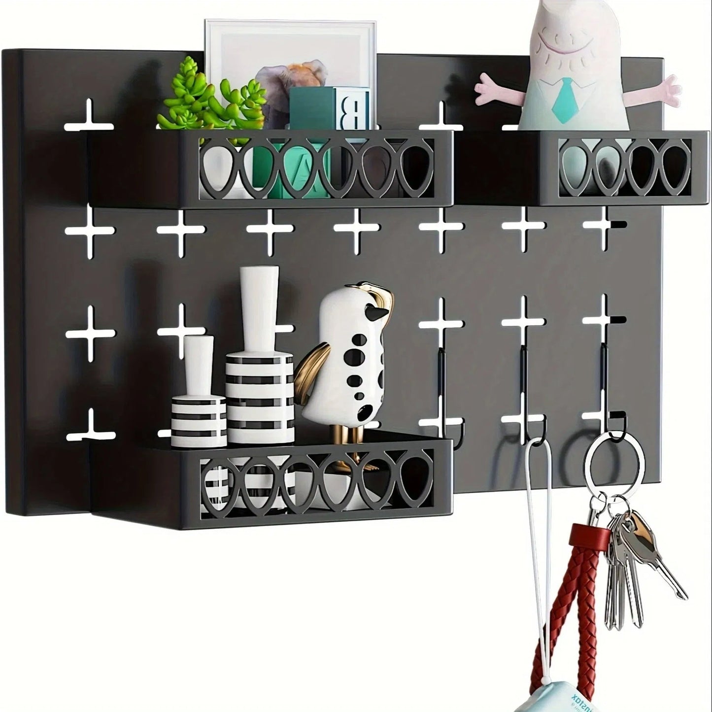 Gold Key Hook With 3 Adjustable Baskets And 3 Hooks For Wall Storage